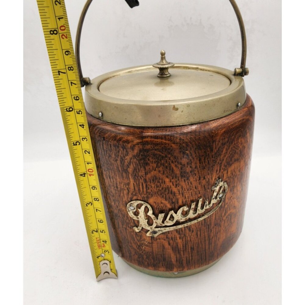 Vintage Oak Wood & Metal Biscuit Barrel With Porcelain Liner, Brass Lid & Handle
